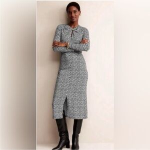 Boden Empire Knot Midi Jersey Dress Stretch Black Lily Sprig Long Sleeve Size 10